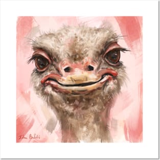 Close up Painting of a Funny Looking Smiling Ostrich on Contemporary Pink Salmon Background Posters and Art